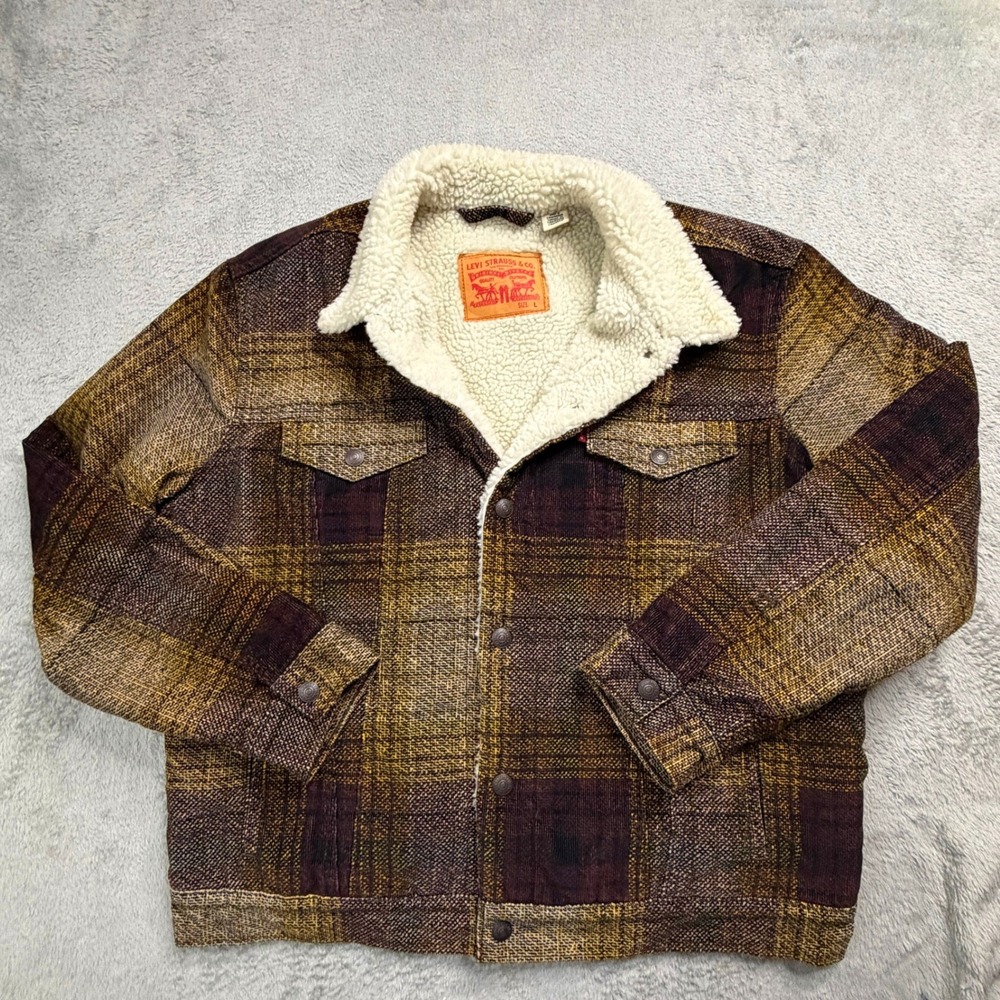 Levis Mens Sherpa Lined Plaid Trucker Jacket Brown Purple 16365-0168 Size L